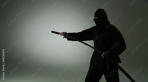 Masked ninja assassin unsheathes a sword in profile, spins it, then re-sheates the weapon.