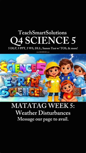 📣 SCIENCE 5 Q4 W5 RESOURCES ARE NOW AVAILABLE WITH 5 DLPs, 5 PPTs, 1 DLL, Summative Test w/ TOS - GOOD FOR 5 DAYS OF THE WEEK! Why spend long hours stressing on preparations kung pwede namang kami na ang bahala? 😉 Aligned with MATATAG or Revised K 12 Curriculum 📝 Q4 SCIENCE 5 LESSON PACKAGES 🍎 Week 5 - Weather Disturbances 💰 We also offer take-all purchases with BIG DISCOUNTS and progressive discount offers for repeat purchases. ✍️ Customizable according to your preference because the files