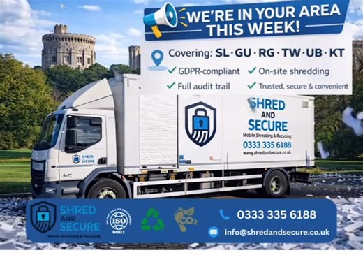 📢 We’re in Your Area This Week! Our secure mobile shredding truck is out and about, providing on-site document shredding you can trust. 📍 Covering: SL • GU • RG • TW • UB • HP • KT ✔️ GDPR-compliant ✔️ On-site shredding ✔️ Full audit trail ✔️ Trusted, secure & convenient 📞 0333 335 6188 🌐 www.shredandsecure.co.uk 📧 info@shredandsecure.co.uk 🔒 Shred & Secure – Mobile Shredding & Recycling. | Shred And Secure