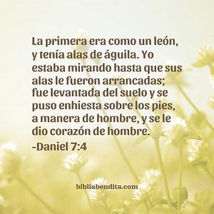 Explicación Daniel 7:4. 'La primera era como un león, y tenía alas de águila. Yo estaba mirando hasta que sus alas le fueron arrancadas; fue levantada del suelo y se puso enhiesta sobre los pies, a manera de hombre, y se le dio corazón de hombre.' - BibliaBendita