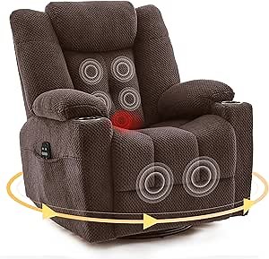 Swivel Rocker Recliner Chair, Rocking Recliner with Heat and Massage, Glider Chairs Sofa with Side Pockets and Cup Holders for Living Room, Bedroom and Home Theater (Brown)