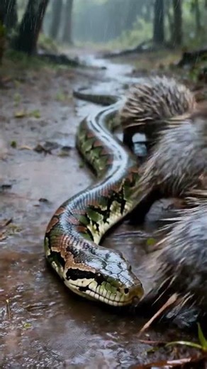돌풍 속 고슴도치, 비단뱀에 가시 갑옷! Porcupines Armor Python with Quills in Rain! 🦔🐍 #animals #wildlife