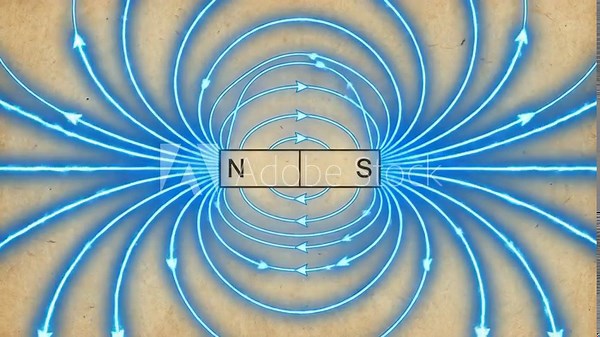 Bar magnet creating a visible magnetic field, with blue lines representing the force and direction from the north pole to the south pole, illustrating physics and electromagnetism