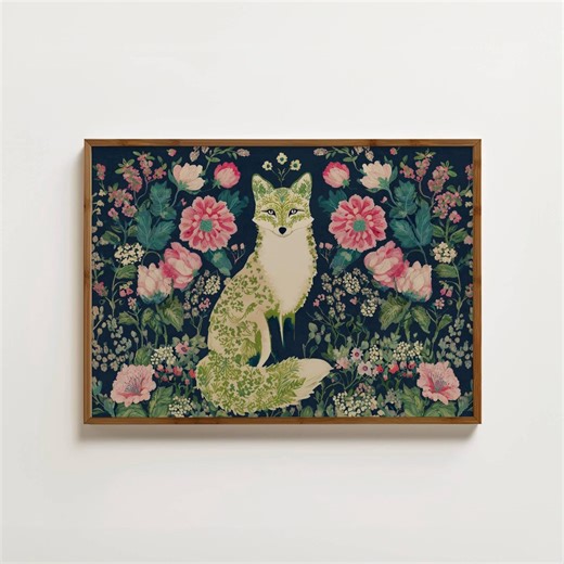 Fox Folk Art Scandinavian Folk Art Botanical Fox Painting Animal Textile Art Woodland Nursery Decor Vintage Fox Art Moody Cottagecore Decor - Etsy