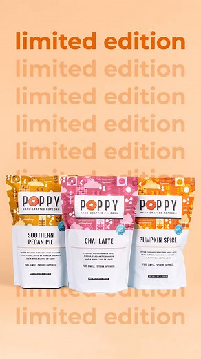 Cozy up to fall’s best flavors: Chai Latte, Southern Pecan Pie, and Pumpkin Spice, only here for a limited time. 🍂 | Poppy Hand-Crafted Popcorn