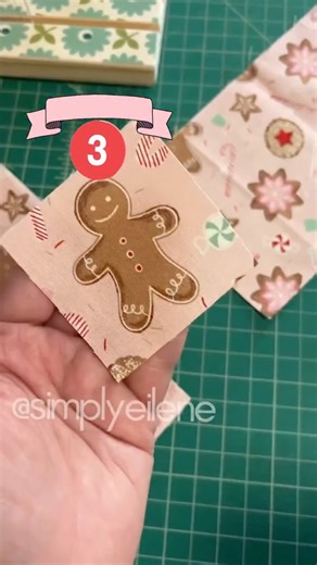 Eilene Johnson- Pattern Designer on Instagram: "Gift idea #3! Grab some coordinating scraps of fabric and a fun print to fussy cut for your center 🙌🏻 - I used a clear acrylic 2 1/2” square template to cut a cute Gingerbread for my center. (Linked in my amazon storefront above) - cut coordinating strips at various lengths and 1 1/2” wide. - cut a base batting piece at 8” square. This is a hot pad so I used insulbright- a specialty batting for heat found next to the regular batting