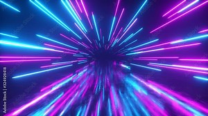 Flying in space with luminous neon lines. Hyperspace. Modern ultraviolet spectrum of light. Blue purple color. Seamless loop 3d render