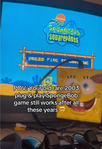 this is my comfort game again!! this “retro” 2003 spongebob plug it in & play tv game just needed double a batteries but it was soooo worth it 💛 ~ did anyone have one of these ?! and why is it annoyingly expensive on ebay now? #spongebob #nostalgia #2000s #retrogaming #spongebobfan