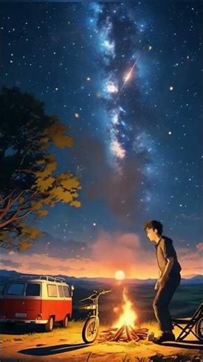 Stunning Anime Night Campfire Under Milky Way Sky with Shooting Star Peaceful Dreamy Scenery