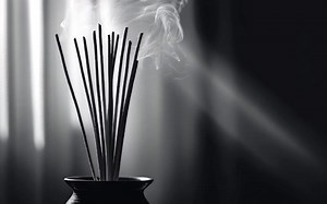 Download Smoke from burning incense sticks standing on beautiful holder . for free