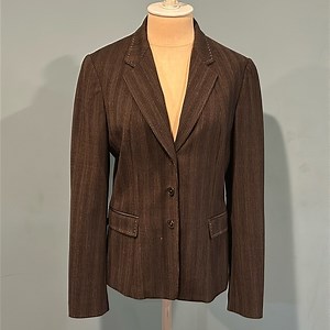 Elie Tahari Brown Pinstripe 3-Button Faux Leather Elbow Patch Wool Blazer sz 8