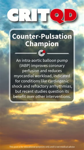 An intra-aortic balloon pump (IABP) improves coronary perfusion and reduces myocardial workload, indicated for conditions like cardiogenic shock and refractory arrhythmias, but recent studies question its benefit over other interventions. This post is for educational purposes only and is not medical advice. | CriticalCareNow