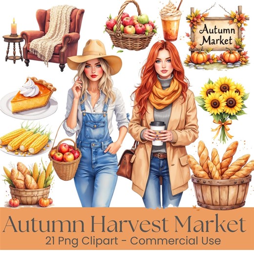 Autumn Harvest Market Clipart | Fall Farmers Market Pngs | Cozy Pumpkin, Corn, Bread & Sunflower Illustrations - Etsy