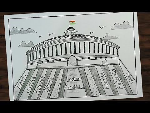 How to draw Indian Parliament House l Parliament of House drawing l National constitution Day poster
