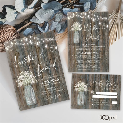 Rustic Mason Jar Wedding Invitation Set: Fairy Lights & Wood - Digital - Etsy