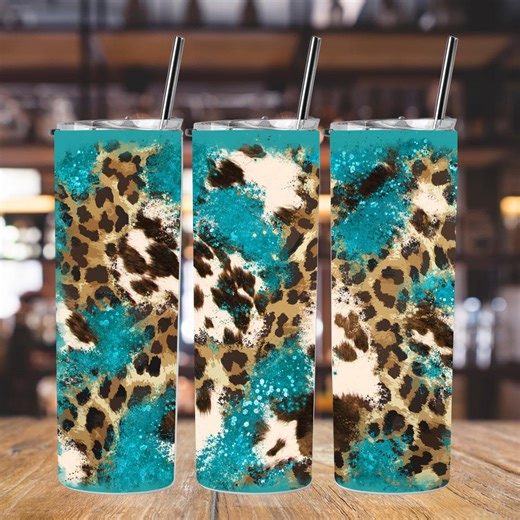 Turquoise Cowhide & Leopard 20oz Skinny Tumbler Wrap PNG, Western Cow Print Tumbler Design, Sublimation Digital Download - Etsy