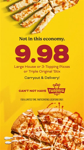 Full price? Not in this economy. Get a Large House Pizza or Triple Original ‘Stix for just $9.98. Delivery or carryout.🍕 | Toppers Pizza