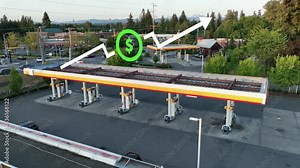 Inflation animation over an empty petroleum station.