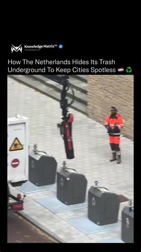Knowledge Matrix™ on Instagram: "What looks like an ordinary street corner is actually part of one of the world’s smartest waste-management systems. Across the Netherlands, garbage bins are built underground, storing waste several meters below the surface. When full, trucks equipped with hydraulic cranes lift each container, empty it, and return it seamlessly, all without cluttering the streets or releasing odor. This design frees up urban space, prevents pests, and keeps neighborhoods cleaner a
