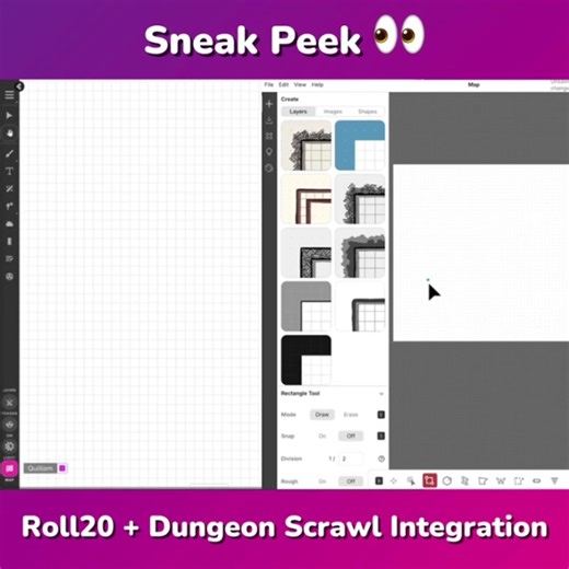 BIG NEWS 🎉 Later this year, you'll be able to use Dungeon Scrawl to draw maps in the Roll20 VTT! No exports or uploads required. Perfect for making maps on the fly, so you can keep up with your party's unexpected antics. More details to come! How would you use this? 👀 | Roll20