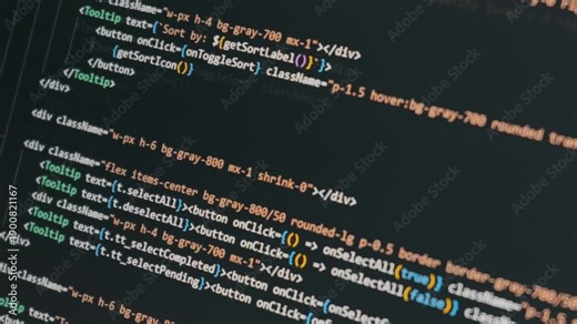 Colorful programming code scrolls on a dark monitor showing modern React syntax and functions. Concept of vibe coding, AI assisted software development, and creating applications with machine learning