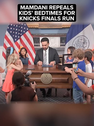 NYC Mayor Zohran Mamdani signed an executive order Monday morning repealing bedtime for the duration of the Knicks finals run so the city's children can stay up late and watch. Watch the Knicks in the NBA Finals on ABC 7! Game 1 tips off on Wednesday, June 3, at 8:30 p.m. #nyc #zohranmamdani #knicks #nba