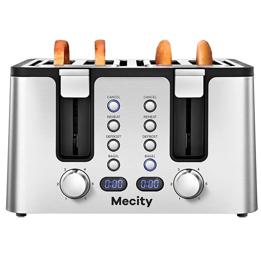 Mecity 4 Slice Toaster, Stainless Steel 4 Slot Toaster With Countdown Timer, Cool to Touch,Warming Rack, Removable Crumb Tray, 6 Browning Settings, Extra Wide Slots,Bread Toaster 1500W