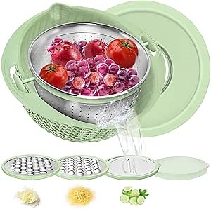 4 in 1 Colander with Mixing Bowl Set, Double-Layer Rotatable Colander Drain Basket with Lid and Slicer, Fruit Cleaner, Vegetable Washing, Rice Rinser Strainer for Homes Kitchen (Green)