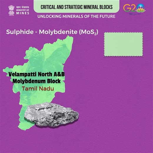 30 reactions | The Velampatti North A&B Molybdenum Block in Dharmapuri, Tamil Nadu, emerges as a hotspot for Molybdenum with a substantial resource. #Molybdenum is vital in alloy production, contributing to self-sufficiency in manufacturing. This unequivocally supports #AatmaNirbharBharat by ensuring secure resources for industrial applications. #Auction #criticalminerals PMO India Pralhad Joshi Raosaheb Patil Danve @MyGovTamilNadu | Ministry of Mines, Government of India | Facebook