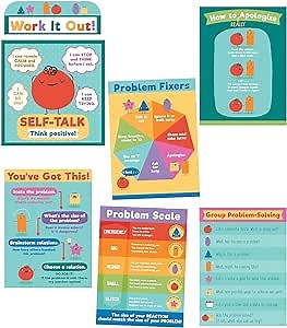 Carson Dellosa 7 pc Set of Problem-Solving Motivational Posters, Charts with Positive Affirmations and Strategies for a Growth Mindset, Calm Down Corner Supplies and Classroom Decor