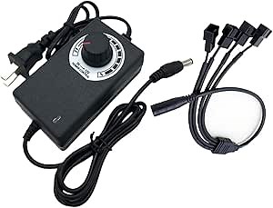12V PC Fan Speed Controller, Fan Power Supply 100-240V AC to 3-12V DC 36W Adjustable, with Fan Splitter Cable 4X 3pin or 4pin Connector AC DC Adapter