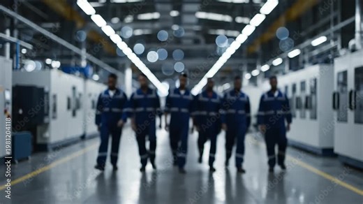 Six factory workers in blue uniforms walking confidently through a modern industrial facility with machinery.