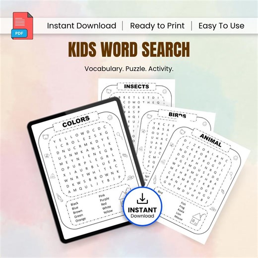 Kids Word Search Printable, Puzzle Worksheets PDF, Preschool Kindergarten Vocabulary Activity Pack - Etsy