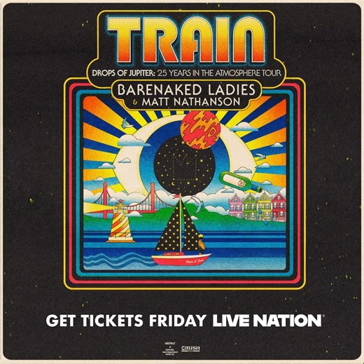 JUST ANNOUNCED! 🚂💨 Train is coming to Talking Stick Resort Amphitheatre on Friday, August 21 for Drops of Jupiter: 25 Years in the Atmosphere with special guests Barenaked Ladies & Matt Nathanson. 🎟️ Presale | Thursday, November 13 at 10AM | Code: 26DESERT 🎫 On Sale | Friday, November 14 at 10AM 👉 https://bit.ly/4p3NQFn 🇺🇸 Part of the America First Credit Union Concert Series | Talking Stick Resort Amphitheatre