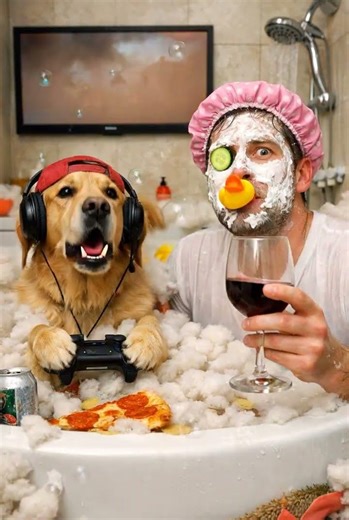 bath tub, with pet, funny, dog