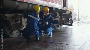 Young caucasian engineer man and woman maintenance and repair train diesel engine in station, team engineer inspect system transport, technician checking infrastructure, transportation and industry.