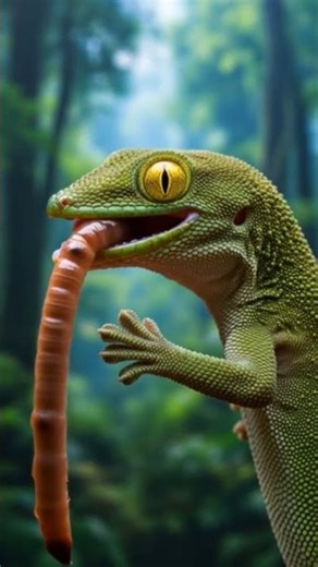 Gecko caught a slimy,slippery worm😐#gecko #worm