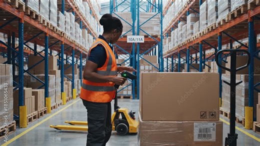 Woman warehouse worker scans boxes with barcode scanner in logistics center. Employee uses scanner on pallet boxes. Worker scanning inventory in warehouse. Scanner tracks boxes in distribution center.