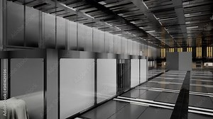 Science fiction interior in futuristic sci-fi scientific stainless steel lobby. Nitrogen tanks stored in a large dark modern hall. Small laboratory for experiments. Future concept 3D render animation