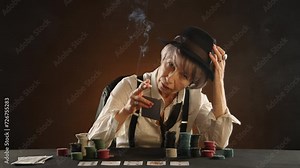 A sophisticated senior woman with a cigarette and a winning poker hand sits at a casino table, basking in her victory. Camera 8K RAW.
