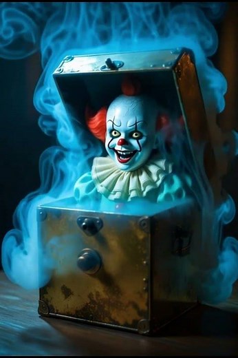 A haunted Jack-in-the-Box sits alone on a cracked wooden floor.