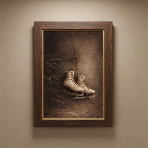 Vintage Ice Skates Wall Art, Rustic Winter Decor, Antique Christmas Skates Print, Moody Farmhouse Holiday Art, Cozy Cabin Wall Decor