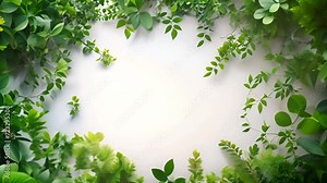 Green tropical leaves frame on white background for text or logo. Jungle green plants on white screen. Stylish nature moving beauty