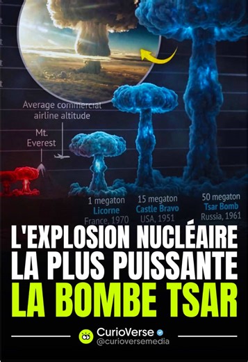 La Tsar Bomba est la bombe nucléaire la plus puissante jamais explosée dans l’histoire humaine. Testée par l’Union soviétique en 1961, elle a libéré environ 50 mégatonnes d’énergie, soit des milliers de fois plus que les bombes utilisées pendant la Seconde Guerre mondiale. La boule de feu mesurait près de 8 km de large, et le champignon nucléaire est monté à plus de 60 km dans le ciel. L’onde de choc était si puissante qu’elle a fait plusieurs fois le tour de la Terre. Malgré sa puissance extrêm