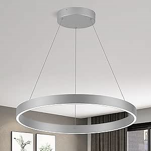 Room Decor Modern LED Chandelier 23.62'' Dimmable 1-Ring Chandelier 76W Circular Pendant Light for Dining Room Kitchen Island Bedroom, 6000K, Silver UL Listed