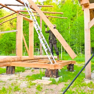 Together with my dog, I'm building a sizable temporary roof for my off-grid log home. | Craft Man