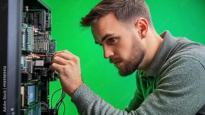 Young adult male technician connecting cables on a server rack in a technology lab setting. Isolated on green screen for easy chroma keying
