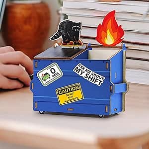 Dumpster Fire Desk Organizer, DIY Pencil Holder with Raccoon & Flame Decor, Free Sticker Included, Dumpster Fire Holder, Funny Desk Accessory, Gag Gift for Coworkers & Colleagues (Blue)