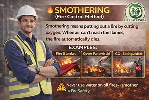18K views · 208 reactions |  SMOTHERING (Fire Control Method)  Smothering means putting out a fire by cutting off oxygen. When air can’t reach the flames, the fire automatically dies. 璘 Examples: • Fire blanket • Covering a pan fire with a lid • Foam or CO₂ extinguisher  Remember: Never use water on oil fires—smother them! #FireSafety #Smothering #FireTriangle #SafetyFirst #hse #firefighter #fireworks #EHS | FIRE SAFE INDIA | Facebook