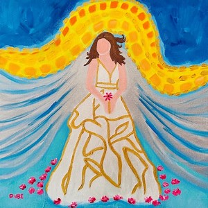 Original Painting Abstract Princess Bride White & Gold Dress Flowers 12" x 12"